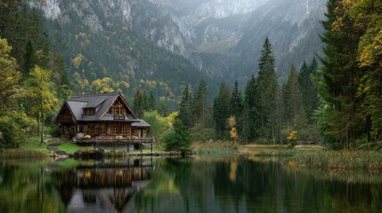 Fototapeta premium A cozy wooden cabin overlooks a calm lake surrounded by lush trees and towering mountains. The scene is serene with autumn colors reflecting in the water under a misty sky