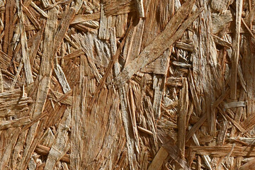 Plywood background with shadow of leaves overlay effect in the sun. Recycled compressed wood texture background. Dirty old grunge and rough backdrop.