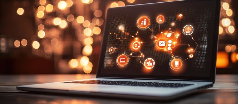 Open laptop displays an interconnected data network with glowing orange icons, soft background