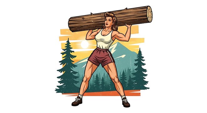 Muscular woman in athletic wear effortlessly carries a large log in a mountain setting