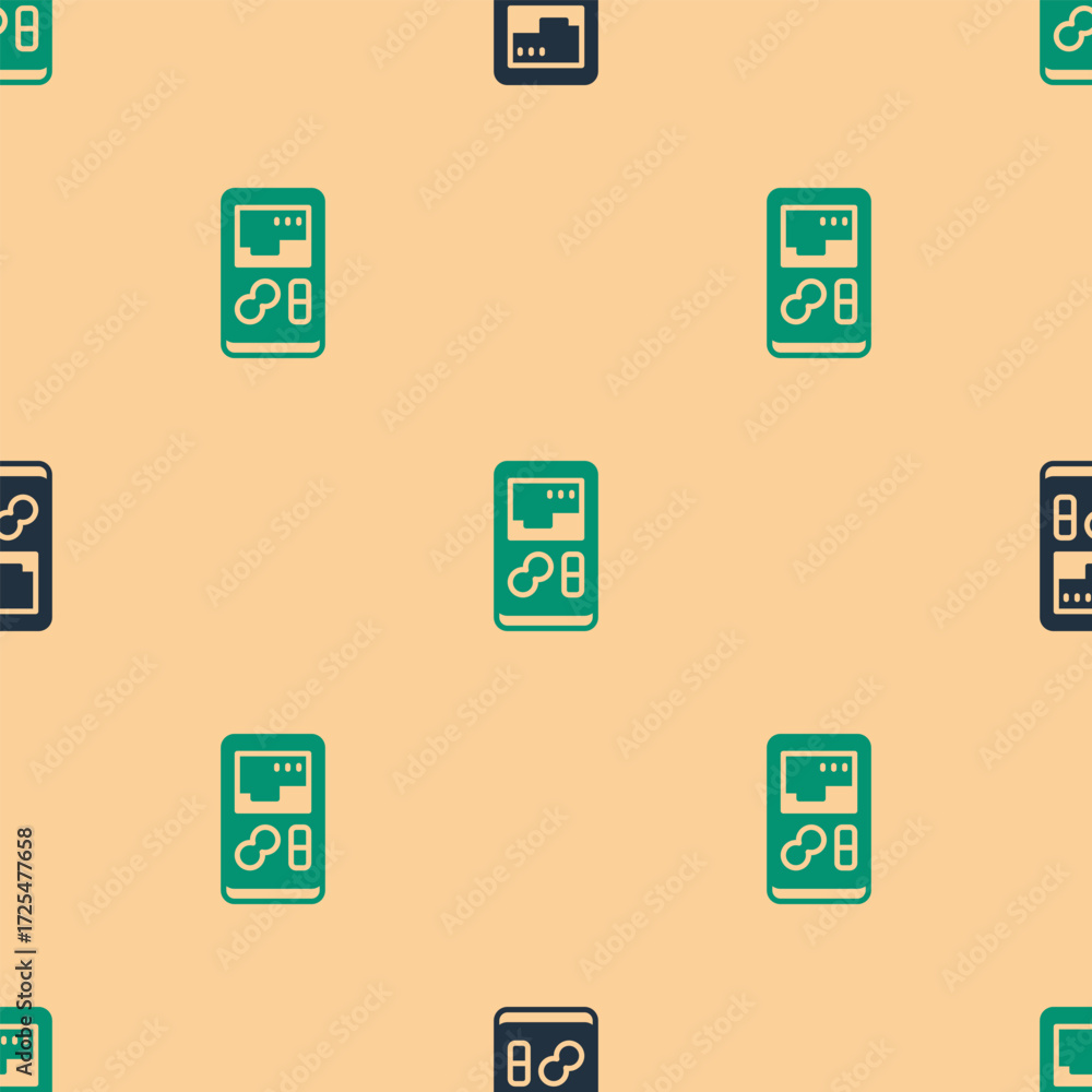 Aufkleber green and black portable video game console icon isolated seamless pattern on beige background. hand