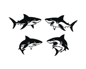 Four menacing black and white illustrations of sharks with open mouths and sharp teeth in dynamic poses on a white background