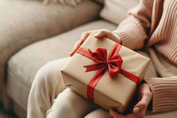 Opening gift box with red bow on beige sofa, woman wearing casual clothes. Valentine’s Day, Christmas, and anniversary.