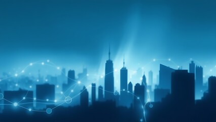 Fototapeta premium Abstract city silhouette blending with flowing connection lines in gradient blue and white tones.