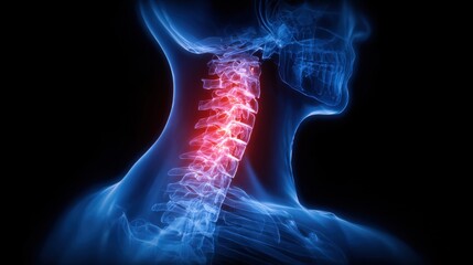 A detailed representation of the human neck anatomy shows highlighted areas indicating pain in the cervical spine. The image captures the complexity of the spinal structure