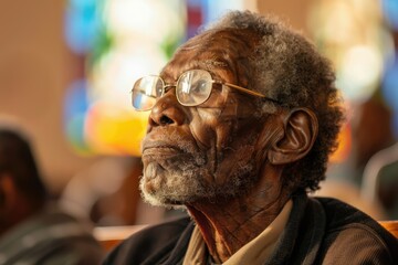 Elderly African American man reflecting quietly during church service, closeup portrait with soft lighting.