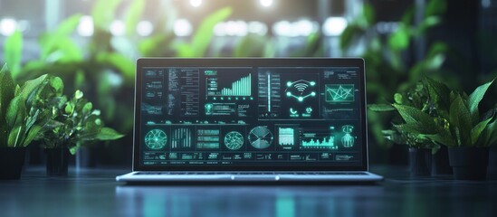 Laptop displays data charts, surrounded by greenery. Background features plants, table, and lighting