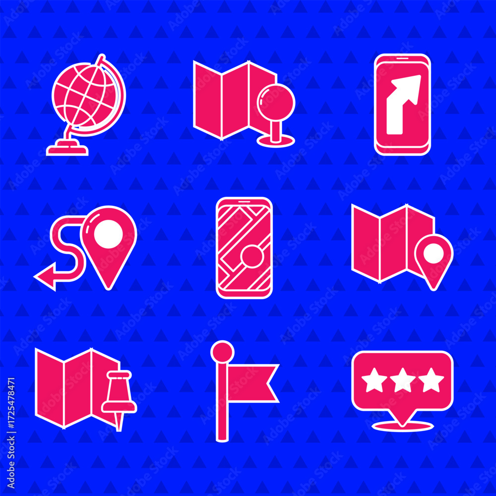 Poster set city map navigation, location marker, map pointer with star, folded location, push pin, route, a