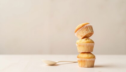 Three stacked cupcakes with spoon on wooden table for holidays  
