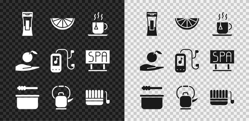 Set Bottle of shampoo, Citrus fruit, Cup tea with tea bag, Sauna bucket and ladle, Kettle handle, Apple in and Music player icon. Vector