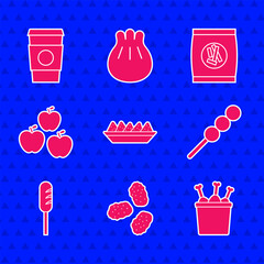 Set Nachos in plate, Chicken nuggets, leg package box, Meatballs on wooden stick, Fried sausage, Apple, Hard bread chucks crackers and Coffee cup to go icon. Vector