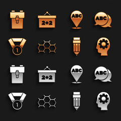 Set Chemical formula, Alphabet, Head with gear inside, Pencil eraser, Medal, School backpack and Chalkboard icon. Vector