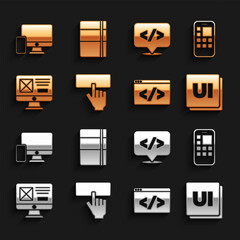 Set Keyboard, Mobile Apps, UI or UX design, Front end development, Monitor and mobile and Sketchbook album icon. Vector