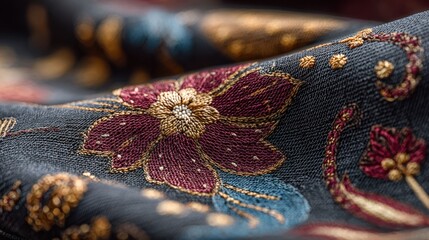 Intricate Embroidered Floral Design on Woven Textile Detailed Close-Up