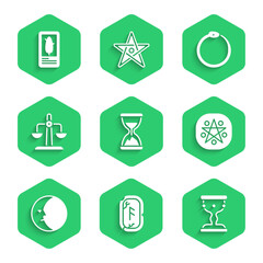 Set Old hourglass with sand, Magic runes, Medieval goblet, Pentagram in circle, Moon, Libra zodiac, Ouroboros and Tarot cards icon. Vector