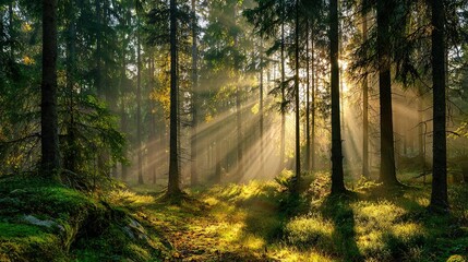 Obraz premium Beautiful rays of sunlight in a green forest