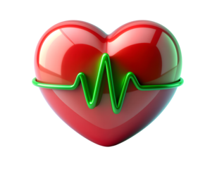 3D heart with ECG line icon isolated on transparent background. Realistic medical and healthcare symbol, perfect for cardiology, hospital, wellness, fitness, heartbeat monitoring, and emergency design