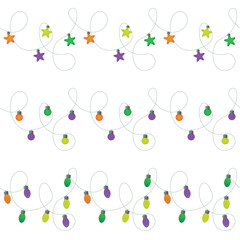 Seamless vector set of multicolor Christmas string lights pattern, holiday decorative bulbs on white background