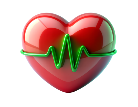 3D heart with ECG line icon isolated on transparent background. Realistic medical and healthcare symbol, perfect for cardiology, hospital, wellness, fitness, heartbeat monitoring, and emergency design