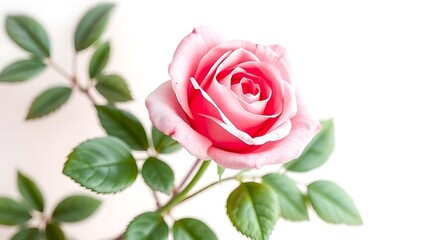 Naklejka premium Elegant pink watercolor rose with green leaves on a soft, neutral background.