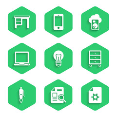 Set Light bulb, Document with graph chart, settings, Archive papers drawer, Fountain pen nib, Laptop, Cloud database and Office desk icon. Vector