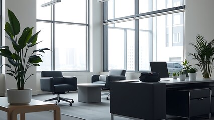 Modern office interior with contemporary furniture and potted plant, neutral tones and natural lighting.