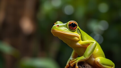 Naklejka premium Close-up portrait of a vibrant green tree frog in its lush rainforest habitat.