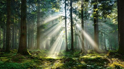 Obraz premium Beautiful rays of sunlight in a green forest