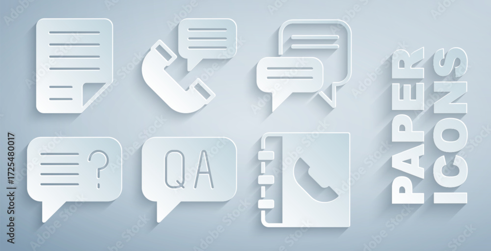 Poster set question and answer, speech bubble chat, unknown search, phone book, telephone conversation and 