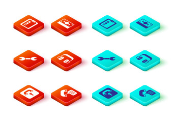 Set Incoming call phone, Telephone conversation, Wrench spanner, Headphones, Stacks paper money cash and Online quiz, test, survey icon. Vector