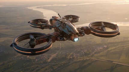 futuristic hover airbike above landspace, copy and text space, 16:9