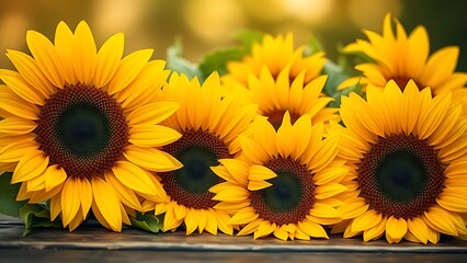 A close-up of sunflowers on a wooden surface with warm natural lighting.
