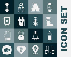 Set Jump rope, Punching bag, Sport boxing shoes, Boxing short, jersey and t-shirt, training paws, Dumbbell and icon. Vector