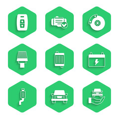 Set Car radiator cooling system, Auto service check automotive, battery, muffler, air filter, brake disk with caliper and key remote icon. Vector