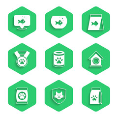 Set Canned food, Animal health insurance, Bag of for pet, Dog house, Pet award symbol, Food fish and Fish icon. Vector