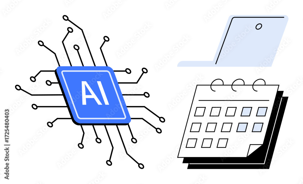 Poster ai chip connected by circuits, open laptop, and calendar highlighting modern integration of technolo