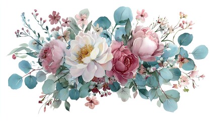 Romantic Watercolor Floral Bouquet with Roses and Peonies