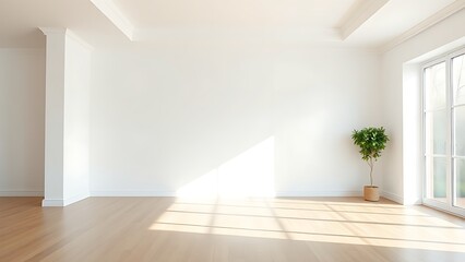 Minimalist living room featuring white walls and wooden floors, bathed in natural ambient light for a clean aesthetic.