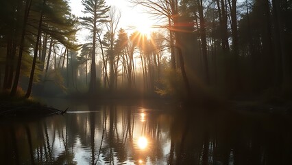 Peaceful forest landscape with sunlight reflecting on a serene water surface, evoking tranquility.