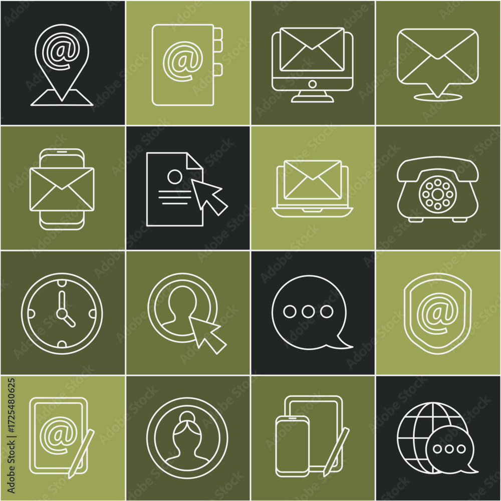 Poster set line world map made from speech bubble, shield with mail and e-mail, telephone, monitor envelope