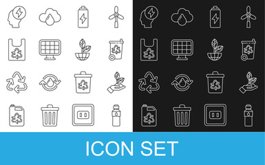 Set line Bottle of water, Plant in hand, Recycle bin with recycle, Battery, Solar energy panel, Plastic bag, Head electric symbol and Earth globe plant icon. Vector