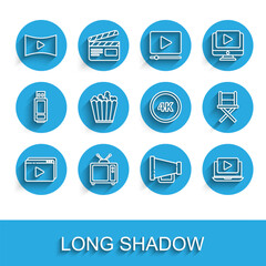 Set line Online play video, Retro tv, Megaphone, Popcorn box, Director movie chair and 4k Ultra HD icon. Vector
