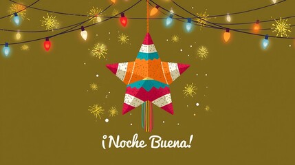 Noche buena star piñata with colorful tassels, hanging string lights, golden sparkles and festive confetti on warm background, spanish nochebuena christmas eve decoration banner for cards
