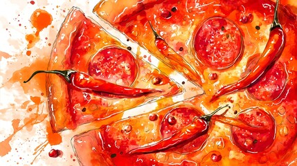 Spicy Pizza Diavola Watercolor Food Art