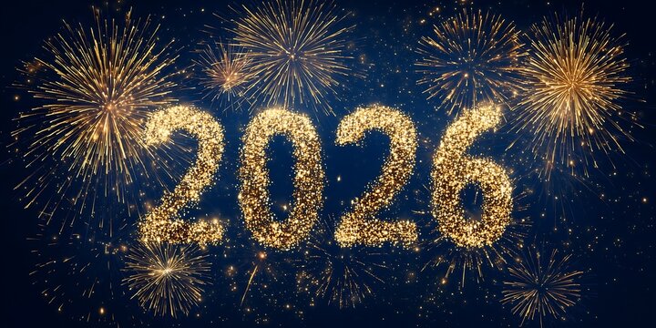 Happy New Year 2026 Gold Confetti and Fireworks Background. Happy New Year Background