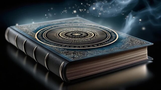 Old enchanted book with glowing runes and decorative circular pattern on leather cover. Magical smoke and sparkles create mystical atmosphere. Fantasy spellbook vibe.