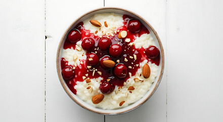 A delicious bowl of creamy rice pudding topped with sweet cherry sauce, fresh cherries, and crunchy almonds on a white wooden table, a perfect breakfast or dessert