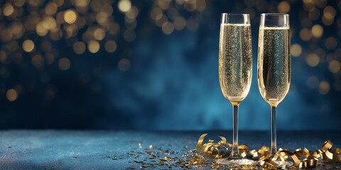 Elegant Champagne Glasses with Golden Bokeh and Confetti. New Year Background