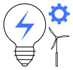 Light bulb with lightning bolt, wind turbine, blue gear symbolizing energy, sustainability, and progress. Ideal for energy, technology, sustainability, innovation environment progress power