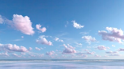 Sky Panorama Featuring Billowing Clouds Against a Blue Backdrop with Soft Lighting and a Low Horizon with Calm Water and Pink Clouds